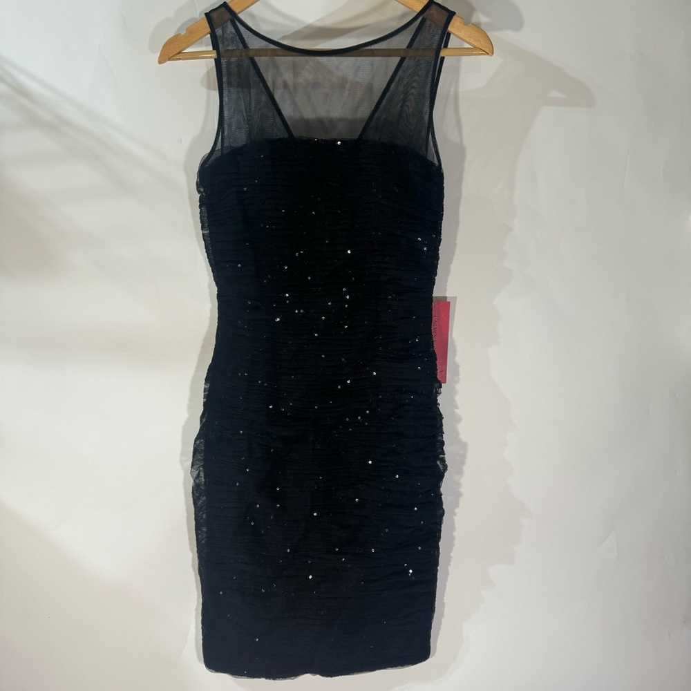 Carmen Marc Valvo Black Sequin V neck Sleeveless Midi Dress